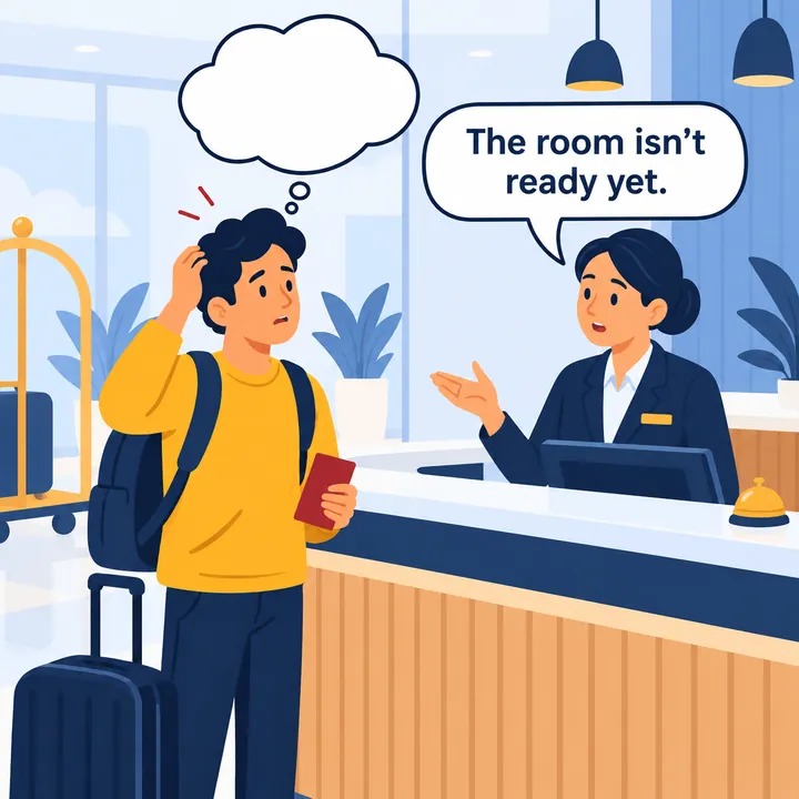 La recepcionista del hotel dice: The room isn't ready yet. El viajante no sabe qué responder.