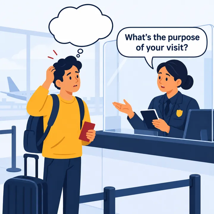 Un oficial de migración pregunta: What's the purpose of your visit? El viajante se queda en blanco.