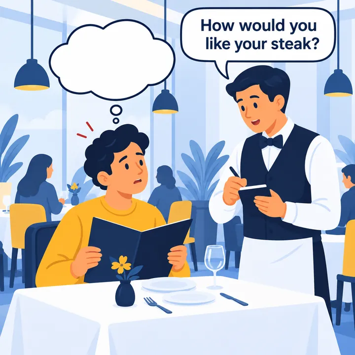 El mesero pregunta: How would you like your steak? El cliente se queda en blanco.